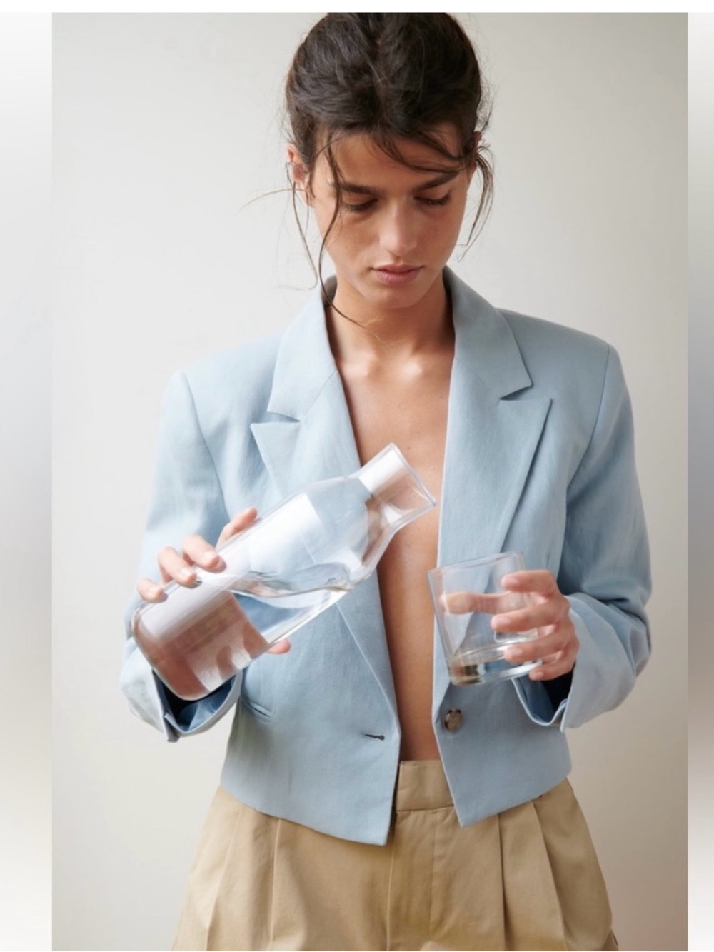 Zara Light Blue Linen Cropped Blazer - Picture 3 of 7